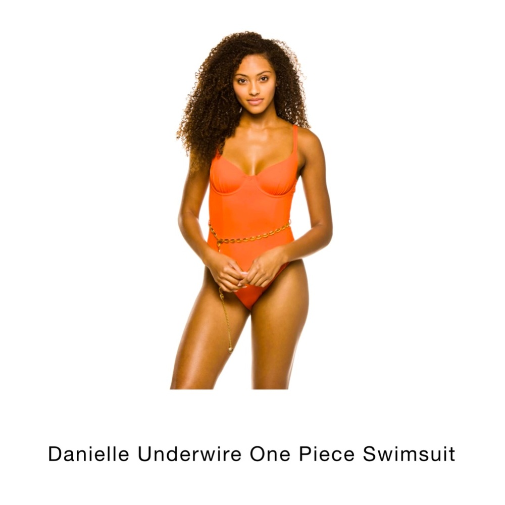 One piece orange with gold chain belt-  We Wore What - Danielle Underwire